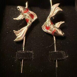 Silver and Red Fish Earrings